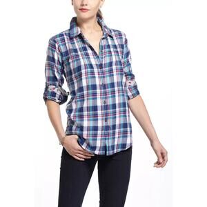 Trovata Birds of Paradis Sz M Roll Tab Sleeve Plaid Pintucked Fall Flannel Shirt